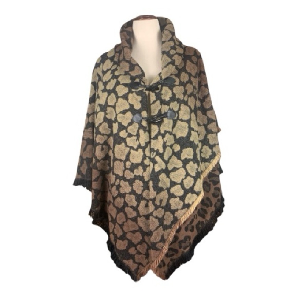 Modena NY Soft Elegant Leopard Print Poncho‎ Cape Toggle Buttons Lightweight OS